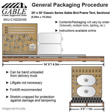 Celina Tent 20' x 50' Classic Series Gable End Frame Tent, Sectional Tent Top, complete with folded sections, instructions, and support features detailed in the layout.