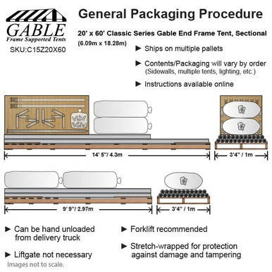 Celina Tent 20' x 60' Classic Series Gable End Frame Tent, Sectional Tent Top, Complete, with detailed diagram showing dimensions and packaging procedures.