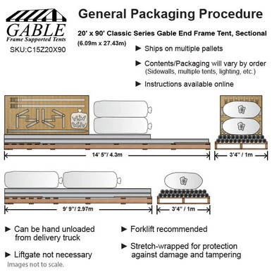 Celina Tent 20' x 90' Classic Series Gable End Frame Tent, Sectional Tent Top, Complete, with diagram showing dimensions and features including modular sections, forklift recommendations, and packaging details.