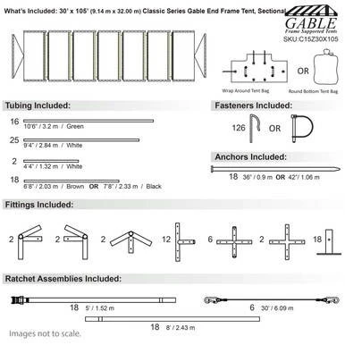 Celina Tent 30' x 105' Classic Series Gable End Frame Tent, Sectional Tent Top, Complete, with diagrams of sectional top, tubings, fasteners, anchors, fittings, and ratchet assemblies included for outdoor event or commercial use.