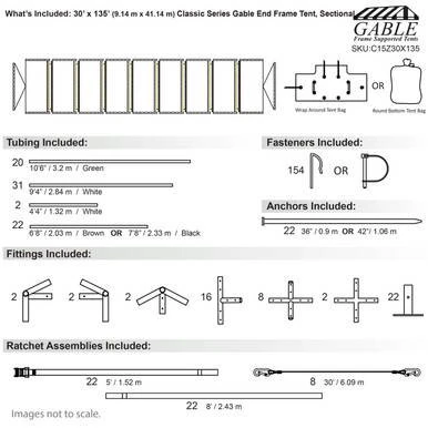 Celina Tent 30' x 135' Classic Series Gable End Frame Tent, Sectional Tent Top, Complete - detailed diagram of the tent's sectional top, frame, and assembly components.