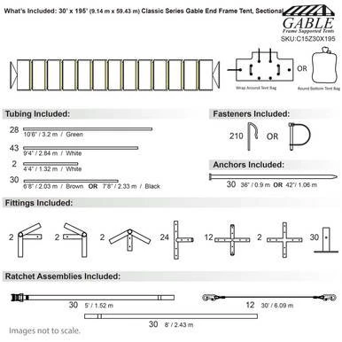 Celina Tent 30' x 195' Classic Series Gable End Frame Tent, sectional tent top with detailed diagram showing tubing, fasteners, anchors, fittings, and ratchet assemblies.