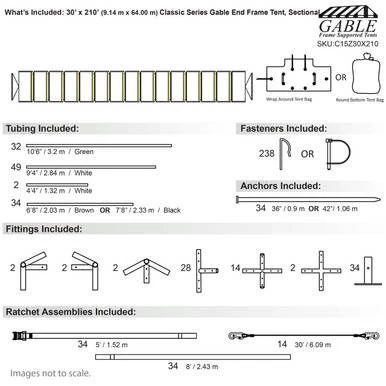 Celina Tent 30' x 225' Classic Series Gable End Frame Tent, Sectional Tent Top, Complete, detailed diagram showing tubing, fasteners, anchors, fittings, and ratchet assemblies.