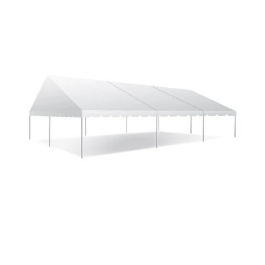 Celina Tent 30' x 45' Classic Series Gable End Frame Tent, Sectional Tent Top, Complete, white gable end frame tent with sectional roof panels and support poles for outdoor events.