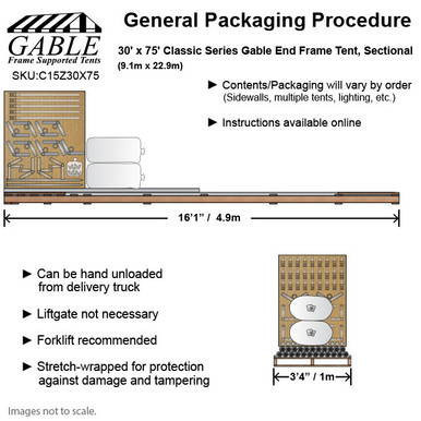 Celina Tent 30' x 75' Classic Series Gable End Frame Tent, Sectional Tent Top, Complete, with packaging instructions and detailed measurements.