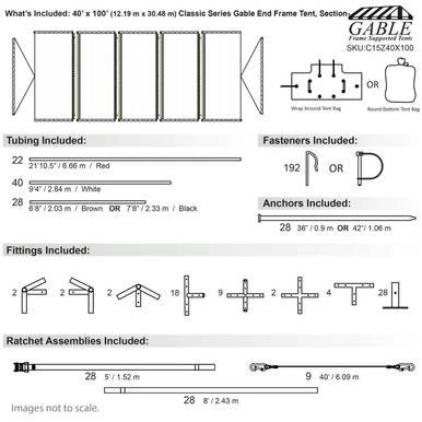 40' x 100' Classic Series Gable End Frame Tent, Sectional Tent Top, Complete - technical diagram showing tubing, fasteners, anchors, fittings, and ratchet assemblies included for assembly.