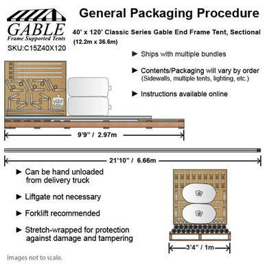 40' x 120' Classic Series Gable End Frame Tent, Sectional Tent Top, Complete, with detailed packaging procedure and specifications, including dimensions and features.