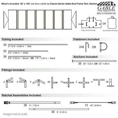 40' x 140' Classic Series Gable End Frame Tent, Sectional Tent Top, Complete, schematic diagram showing the tent's frame structure, tubing sizes, fasteners, anchors, fittings, and ratchet assemblies.