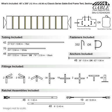 40' x 200' Classic Series Gable End Frame Tent, Sectional Tent Top, Complete with tubing, fasteners, anchors, fittings, and ratchet assemblies, detailed diagram of the tent components.