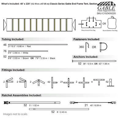 40' x 220' Classic Series Gable End Frame Tent, Sectional Tent Top, Complete, with tubing, fasteners, anchors, fittings, and ratchet assemblies labeled for assembly and installation.