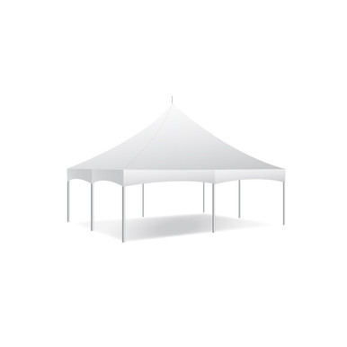 20' x 20' Master Series High Peak Frame Tent, 1 Piece Tent Top, Complete, white event tent with high peak roof and sturdy frame.