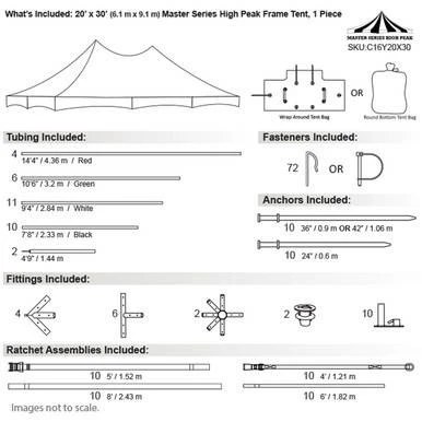 20' x 30' Master Series High Peak Frame Tent, 1 Piece Tent Top, complete with detailed diagram of the tent structure, tubing options, fasteners, anchors, fittings, and ratchet assemblies.