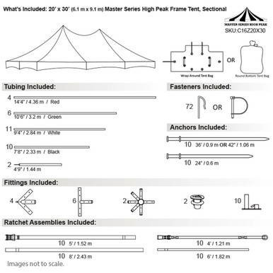 20' x 30' Master Series High Peak Frame Tent, Sectional Tent Top, Complete - technical diagram and specifications for the sectional tent, including details on tubing, fasteners, anchors, fittings, and ratchet assemblies.
