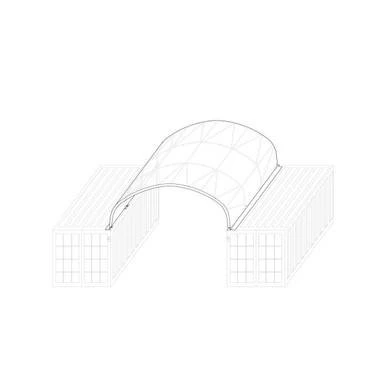 Celina Tent 26'W x 20'L x 10'H Crestline Single Truss Arch Container Shelter, vertical side, in a line drawing illustration.