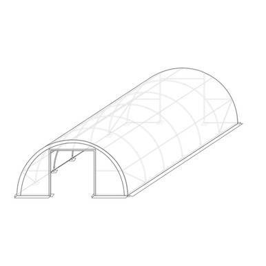 Celina Tent 30'W x 65'L x 15'H Crestline Single Truss Arch Shelter with Arched Side, transparent schematic illustration of a large outdoor commercial tent structure.