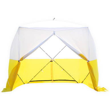 Athens Utility Shelter, pop-up outdoor portable shelter with yellow and white fabric walls and a sturdy frame.