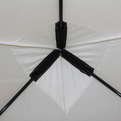 Athens Utility Shelter, close-up view of the interior frame showing the fabric and pole connections