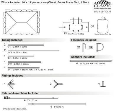 Celina Tent 10' x 15' Classic Series Frame Tent, 1 Piece Tent Top, Complete, with detailed diagram showing included tubings, fasteners, anchors, fittings, and ratchet assemblies for assembly.