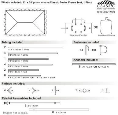 Celina Tent 12' x 20' Classic Series Frame Tent, 1 Piece Tent Top, Complete, with detailed product diagram showing dimensions, tubings, fasteners, anchors, fittings, and ratchet assemblies.