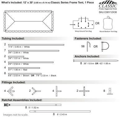 Celina Tent 12' x 30' Classic Series Frame Tent, 1 Piece Tent Top, Complete, detailed technical specifications and components for setup.