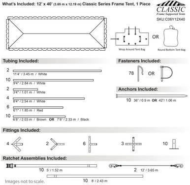 Celina Tent 12' x 40' Classic Series Frame Tent, 1 Piece Tent Top, Complete, with detailed schematic including tubing, fasteners, anchors, fittings, and ratchet assemblies.