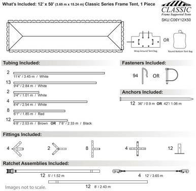 Celina Tent 12' x 50' Classic Series Frame Tent, 1 Piece Tent Top, Complete, technical schematic with dimensions, tubing, fasteners, anchors, fittings, and ratchet assemblies outlined for outdoor event use.