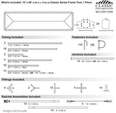 Celina Tent 12' x 60' Classic Series Frame Tent, 1 Piece Tent Top, complete with detailed specifications and included hardware for assembly.