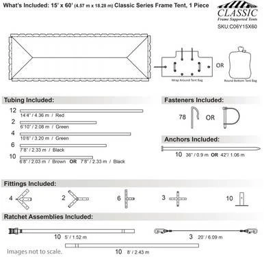Celina Tent 15' x 60' Classic Series Frame Tent, 1 Piece Tent Top, Complete, technical diagram showing dimensions, tubing, fasteners, anchors, fittings, and ratchet assemblies for setup.