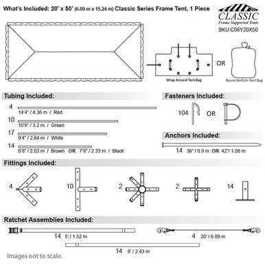Celina Tent 20' x 50' Classic Series Frame Tent, 1 Piece Tent Top, complete setup diagram showing tent layout, tubing, fasteners, anchors, fittings, and ratchet assemblies.