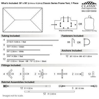 Celina Tent 30' x 50' Classic Series Frame Tent, 1 Piece Tent Top, Complete, with diagram of dimensions, tubing, fasteners, anchors, fittings, and ratchet assemblies.