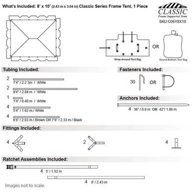 Celina Tent 8' x 10' Classic Series Frame Tent, 1 Piece Tent Top, complete with detailed diagrams of the tent's structure, included tubing, fasteners, anchors, fittings, and ratchet assemblies.