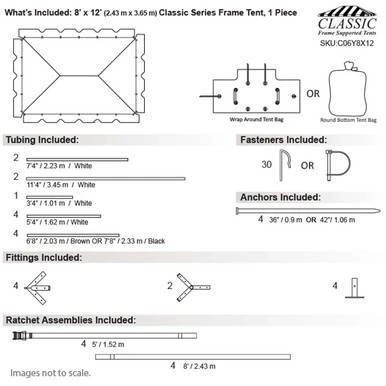 Celina Tent 8' x 12' Classic Series Frame Tent, 1 Piece Tent Top, complete with detailed diagram of components and included parts like tubing, fasteners, anchors, fittings, and ratchet assemblies.
