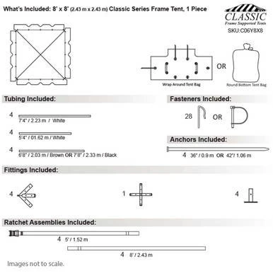 Celina Tent 8' x 8' Classic Series Frame Tent, 1 Piece Tent Top, Complete, technical drawing showing dimensions, components, and assembly details.
