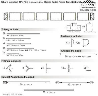 Celina Tent 10' x 130' Classic Series Frame Tent, sectional tent top, complete, with detailed illustration of the tent layout, tubing, fasteners, anchors, fittings, and ratchet assemblies included.