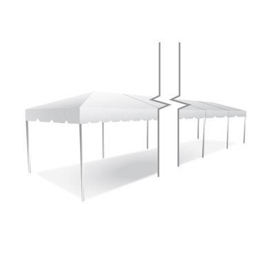 Celina Tent 10' x 140' Classic Series Frame Tent, Sectional Tent Top, Complete, white sectional canopy with a peaked roof supported by metal poles.