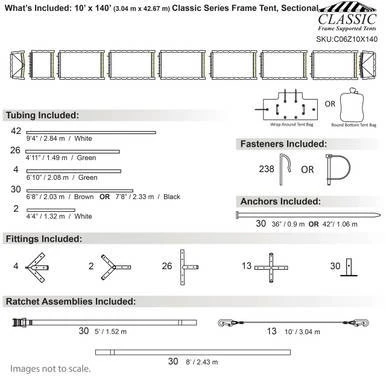 Celina Tent 10' x 140' Classic Series Frame Tent, Sectional Tent Top, Complete, with diagram illustrating parts, fasteners, anchors, fittings, and ratchet assemblies for assembly.