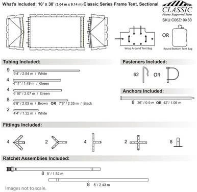 Celina Tent 10' x 30' Classic Series Frame Tent, sectional tent top with detailed assembly diagram, showing tubing, fasteners, anchors, fittings, and ratchet assemblies for outdoor event setup.
