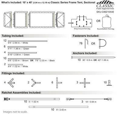 Celina Tent 10' x 40' Classic Series Frame Tent, Sectional Tent Top, Complete, with detailed components diagram including tubing, fasteners, anchors, fittings, and ratchet assemblies.