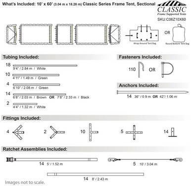Celina Tent 10' x 60' Classic Series Frame Tent, sectional tent top with detailed specifications and included accessories.