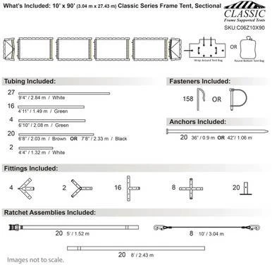 Celina Tent 10' x 90' Classic Series Frame Tent, Sectional Tent Top, Complete with detailed components diagram.