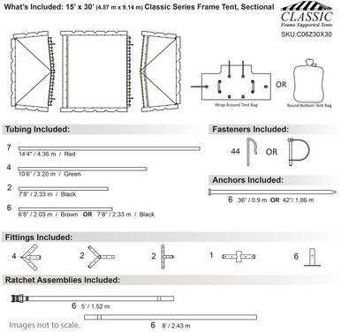 Celina Tent 15' x 30' Classic Series Frame Tent, Sectional Tent Top, Complete - technical diagram showing tent section, tubing, fasteners, anchors, fittings, and ratchet assemblies for assembling the outdoor event tent.