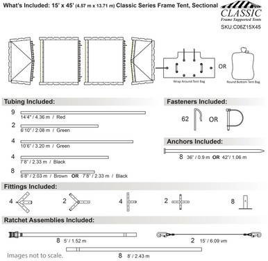 15' x 45' Classic Series Frame Tent, Sectional Tent Top, Complete, with diagram showing sections, tubing, fasteners, anchors, fittings, and ratchet assemblies.