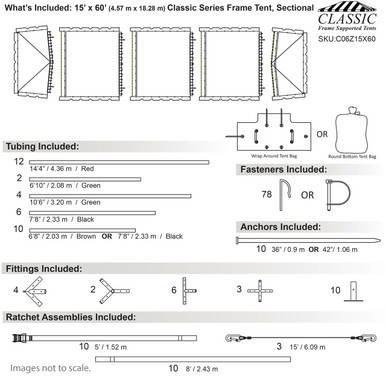 15' x 60' Classic Series Frame Tent, Sectional Tent Top, Complete, technical diagram with assembly details, including tubing, fasteners, anchors, fittings, and ratchet assemblies.
