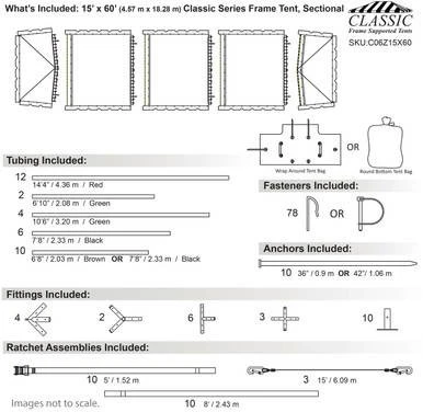 15' x 60' Classic Series Frame Tent, Sectional Tent Top, Complete, technical diagram with assembly details, including tubing, fasteners, anchors, fittings, and ratchet assemblies.