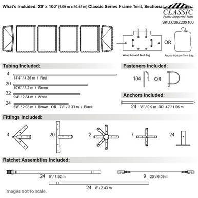 20' x 100' Classic Series Frame Tent, Sectional Tent Top, Complete, with diagram of tubing, fasteners, anchors, fittings, and ratchet assemblies.