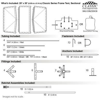Celina Tent 20' x 30' Classic Series Frame Tent, sectional tent top with detailed diagram of parts, including tubing, fasteners, anchors, fittings, and ratchet assemblies for outdoor event setup.
