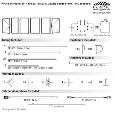 30' x 105' Classic Series Frame Tent, Sectional Tent Top, Complete, with diagram showing components and assembly instructions.