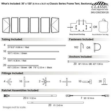 30' x 120' Classic Series Frame Tent, Sectional Tent Top, Complete, with detailed diagram showing tent sections, tubings, fasteners, anchors, fittings, and ratchet assemblies for assembly.