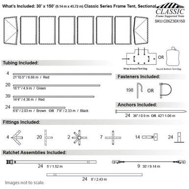 30' x 150' Classic Series Frame Tent, Sectional Tent Top, Complete, with detailed diagram showing tubing, fasteners, anchors, fittings, and ratchet assemblies for assembly.