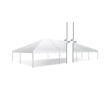 30' x 165' Classic Series Frame Tent, sectional tent top, complete, with a large white canopy supported by metal poles and a central support mast for outdoor events and gatherings.